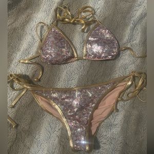 Doll Swimwear Gold and Pink sequin bikini size M